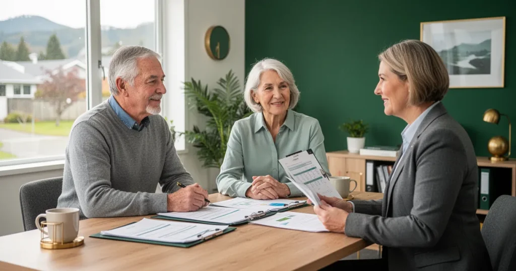 Couple in their forties discussing KiwiSaver catch-up strategies with a financial adviser