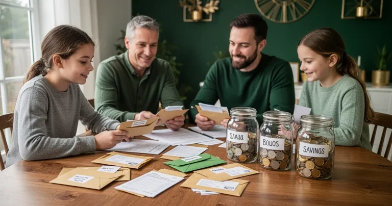 Kiwi family using zero-based budgeting with labeled envelopes and savings jars