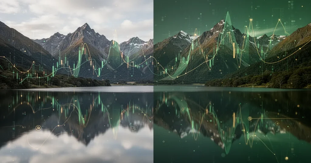 Concept image contrasting stablecoins and Bitcoin volatility for Kiwi savers