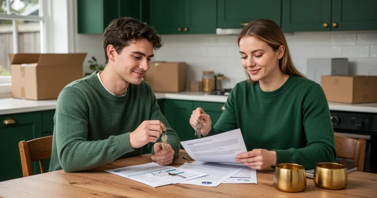 First-home buyers reviewing KiwiSaver withdrawal paperwork before settlement