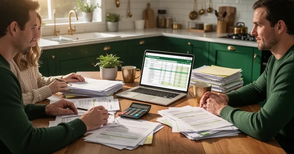 New Zealand family reviewing household finances and budget documents at home